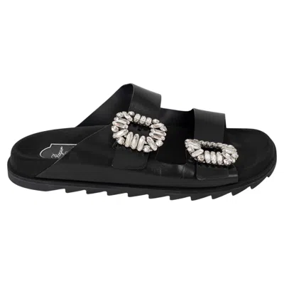 Pre-owned Roger Vivier Black Leather Slidy Viv Crystal Slide Sandals Shoes 39