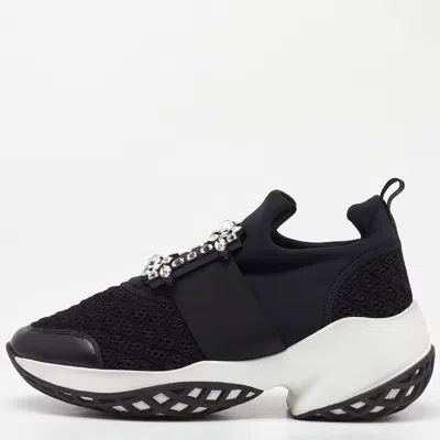 Pre-owned Roger Vivier Black Mesh Fabric And Leather Crystal Embellished Slip On Sneakers Size 38