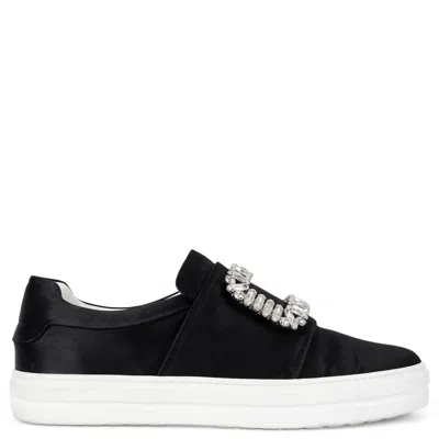 Pre-owned Roger Vivier Black Satin 2016 Sneaky Viv Crystal Sneakers Shoes 37.5 Fit 38