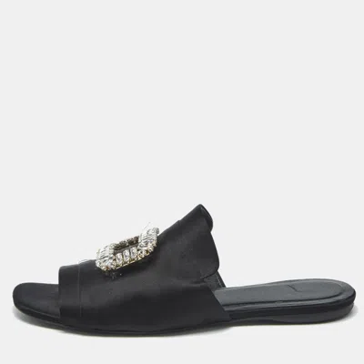 Roger Vivier Black Satin Crystal Embellished Slide Sandals