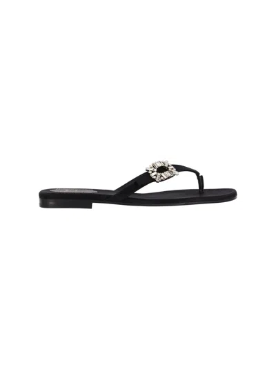 Roger Vivier Black Satin Crystal Slides Sandals