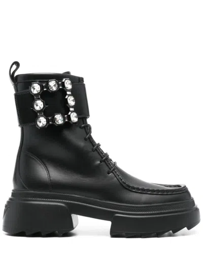 ROGER VIVIER BLACK STRASS BUCKLE BOOTS