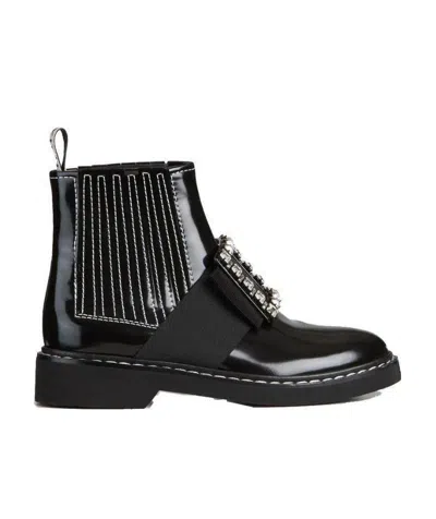 Roger Vivier Viv' Rangers, Diamond-button Embroidered Cowhide Ankle Boots In Black