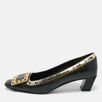 Pre-owned Roger Vivier Black/metallic Leather Laser Cut-out Belle Vivier Pumps Size 37.5