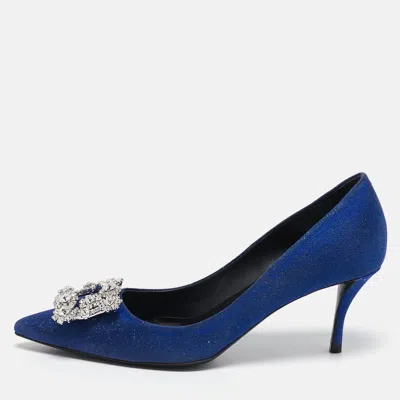 Pre-owned Roger Vivier Blue Glitter Fabric Efflorescence Pumps Size 38