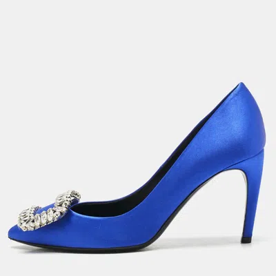 Pre-owned Roger Vivier Blue Satin Trompette Crystals Pumps Size 35.5