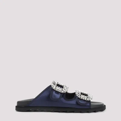 Roger Vivier Blue Slidy Strass Bord Gros Satin Mules