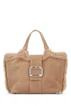 Roger Vivier Mini Leather Tote Bag With Shearling Trim In Neutral