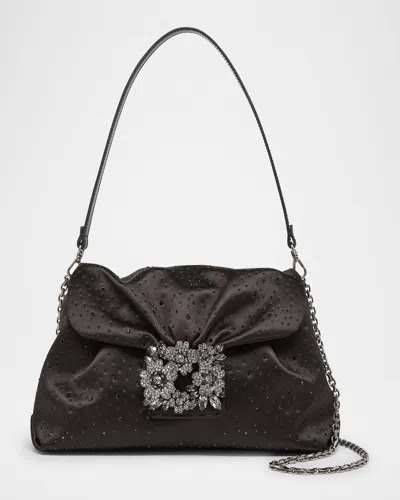 Roger Vivier Bouquet Rhinestone Satin Shoulder Bag In Black