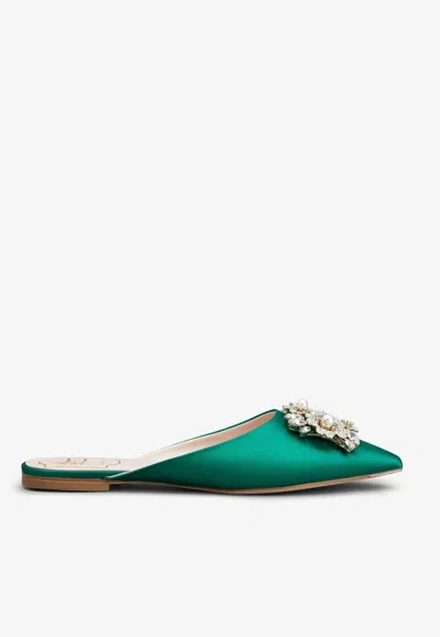 Roger Vivier Bouquet Strass Flat Mules In Green