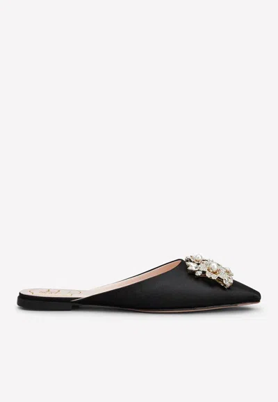 Roger Vivier Bouquet Strass Pearl Buckle Flat Mules In Black