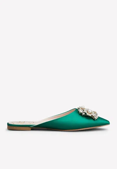 Roger Vivier Bouquet Strass Pearl Buckle Flat Mules In Green