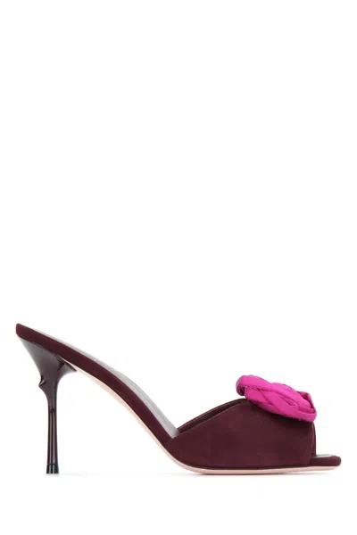 Roger Vivier Bow-embellished Suede Mule Heel In Burgundy