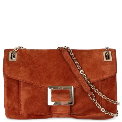 Pre-owned Roger Vivier Brick Suede Metro Medium Chain Flap Shoulder Bag In Red