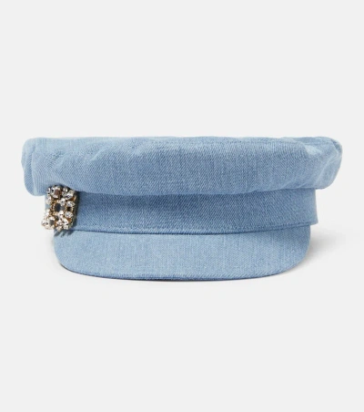 Roger Vivier Broche Vivier Denim Newsboy Cap In Blue