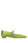 Roger Vivier Crystal Buckle Pointed Toe Satin Strap Shoes In Green