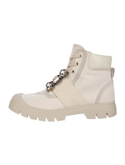 Pre-owned Roger Vivier Canvas Crystal Embellishments Combat Boots In Neutrals