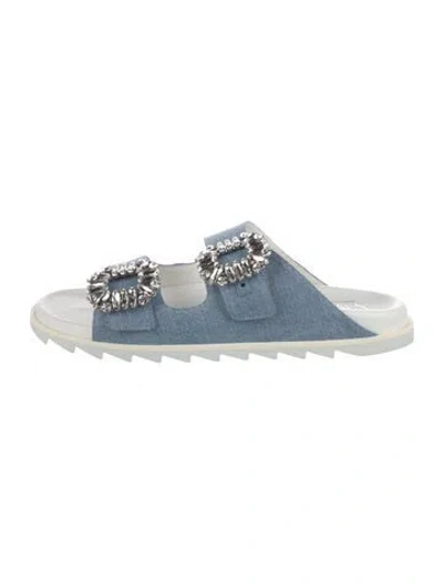 Pre-owned Roger Vivier Canvas Crystal Embellishments Slides W/ Tags In Blue