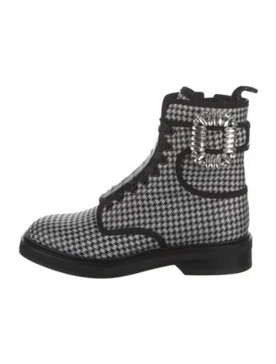 Pre-owned Roger Vivier Canvas Houndstooth Print Combat Boots In Black