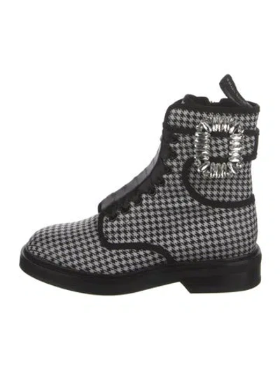 Pre-owned Roger Vivier Canvas Houndstooth Print Combat Boots In Black