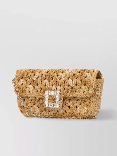 Roger Vivier Chain Strap Embellished Buckle Woven Texture Clutch In Brown