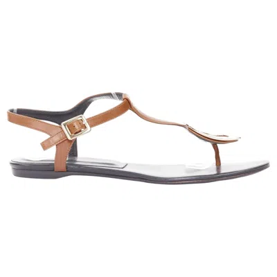 Pre-owned Roger Vivier Chips Leather Gold Buckle Tstrap Comfort Thong Flat Sandals Eu37 In Gray