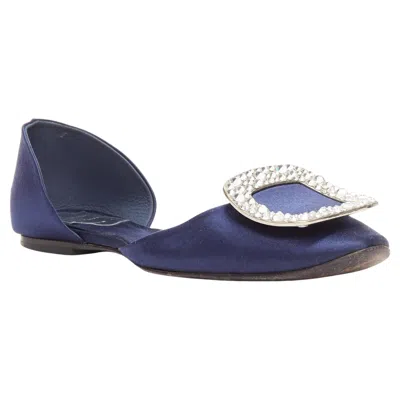 Pre-owned Roger Vivier Chips Strass Navy Satin Crystal Square Buckles Flat Shoes Eu35 In Blue