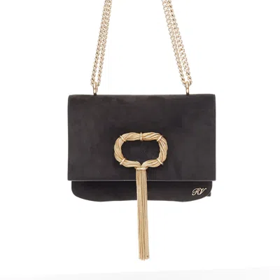 Pre-owned Roger Vivier Club Chain Suede Gold Chain Tassel Clutch Bag In Black
