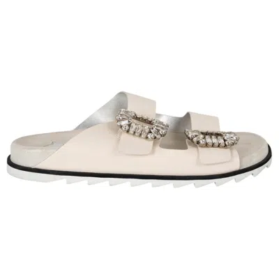 Pre-owned Roger Vivier Cream Leather Slidy Viv Crystal Slide Sandals Shoes 39 In White