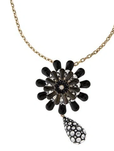 Pre-owned Roger Vivier Crystal & Enamel Daisy Pendant Necklace, 33.5" In Black