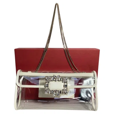 Pre-owned Roger Vivier Crystal Buckle Clutch Bag In White Pvc