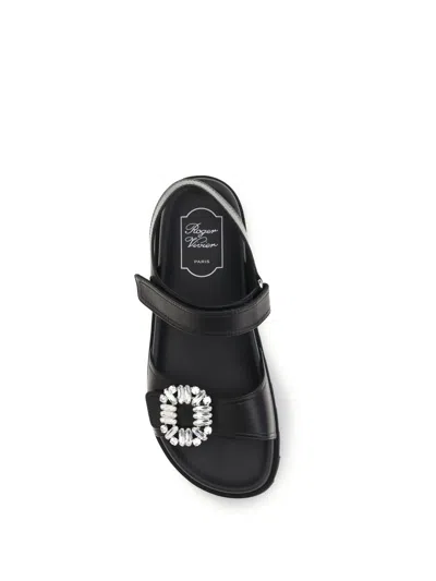 Roger Vivier Black Leather Sandals With Crystal Buckle In Multi
