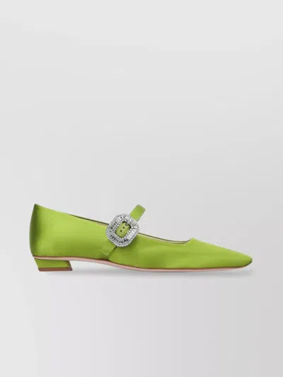Roger Vivier Crystal Buckle Pointed Toe Satin Strap Shoes In Green
