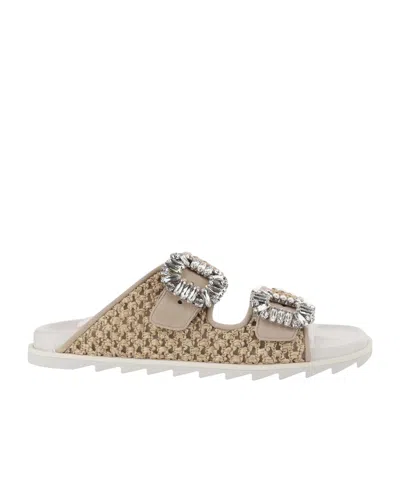 ROGER VIVIER SLIDY VIV' STRASS BUCKLE MULES IN RAFFIA