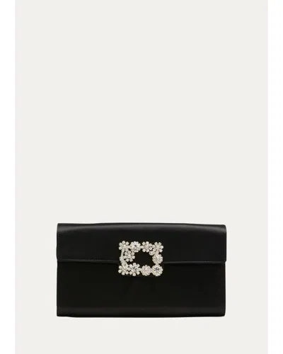 Roger Vivier Crystal Buckle Satin Clutch Bag In Black