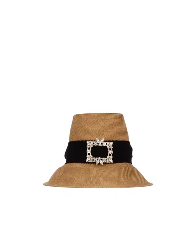Roger Vivier Embellished Wide Brim Hat With Contrast Band In Beige