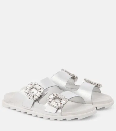 ROGER VIVIER CRYSTAL-EMBELLISHED METALLIC LEATHER SLIDES