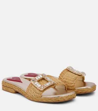 Roger Vivier Crystal-embellished Raffia Mules