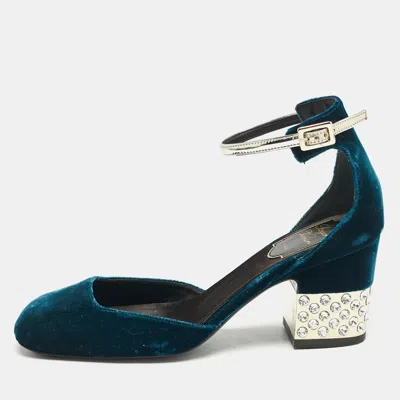 Roger Vivier Dark Blue Velvet Crystal Embellished Block Heel Ankle Strap Sandals