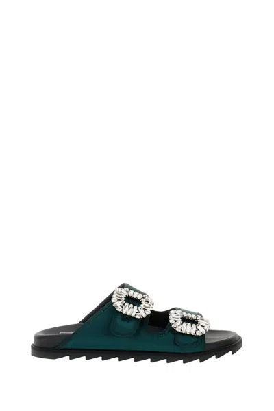 Roger Vivier Dark Green Sandals With Crystal Buckles