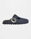 Roger Vivier Denim Crystal Buckle T-strap Mule Clogs In Gray