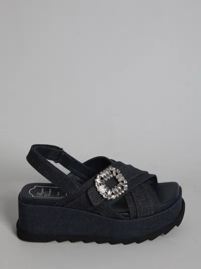 Roger Vivier Denim Wedge Sandals In Multi