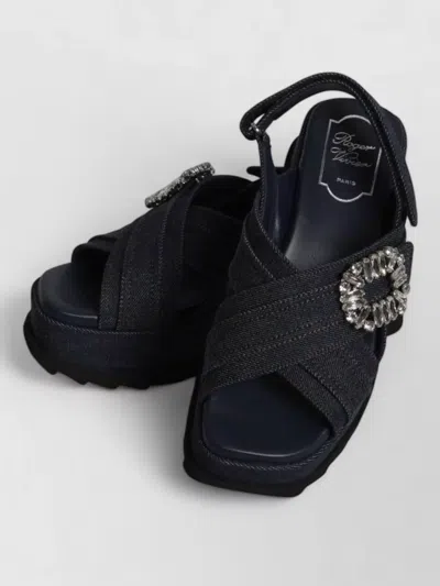 Roger Vivier Denim Wedge Sandals Platform Square Toe In Black