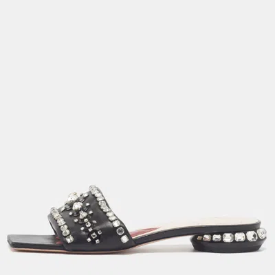 Pre-owned Roger Vivier Disco Size 38 Black Leather Crystal Embellished Flat Slide