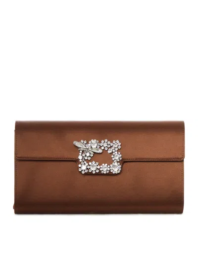 Roger Vivier Dragonfly Flow Satin Clutch With Jewel Buckle In Brown