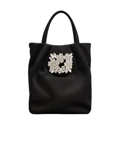 Roger Vivier Drapé Pocket Bouquet Strass Buckle Micro Bag In Satin In Black