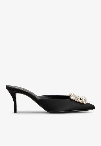 ROGER VIVIER EFFLORESCENCE 65 CRYSTAL BUCKLE SATIN MULES