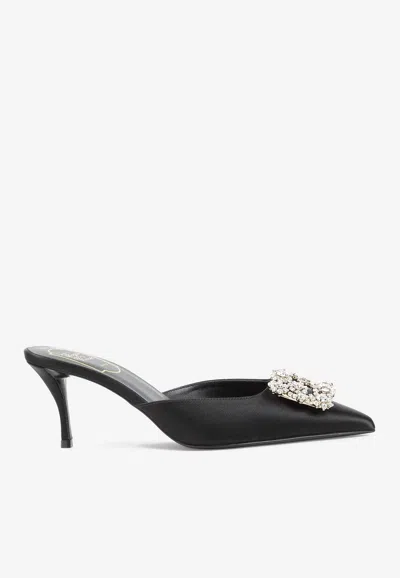 ROGER VIVIER EFFLORESCENCE 65 CRYSTAL BUCKLE SATIN MULES