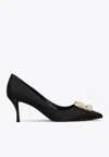 Roger Vivier 65 Crystal Flower Buckle Satin Pumps In Black