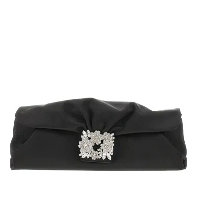 Roger Vivier 'efflorescence' Draped Satin Long Pouch In Black